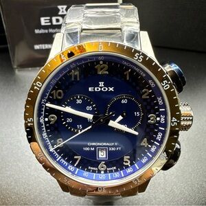 Edox Chronorally Blue Dial with Silver Bezel